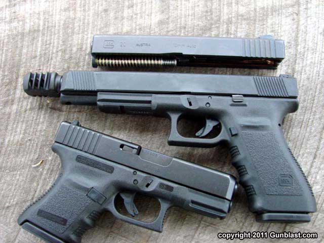Three different lengths of Glock 10mm slides: G29, G20, and Lone Wolf Longs...
