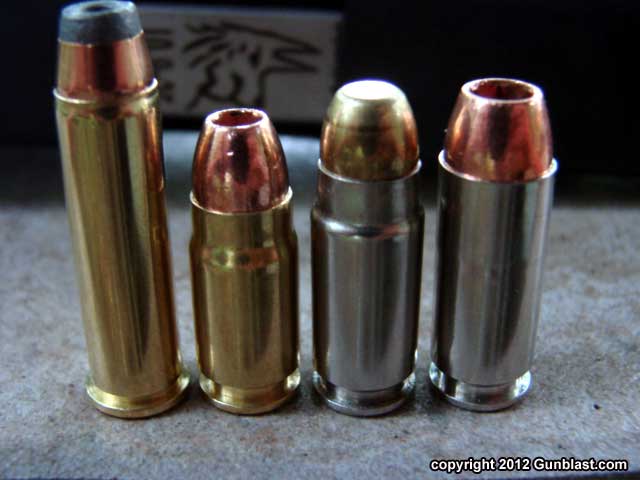 Left to right; 357 Magnum, 357 Sig, 9x25 Dillon, 10mm Auto. 