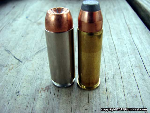 50 AE cartridge (left) compared to 300 grain 44 magnum cartridge (right). 
