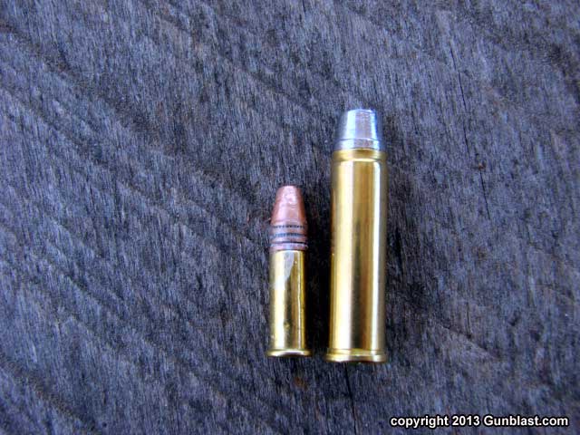 22 Long Rifle cartridge (left) compared to 327 Federal Magnum cartridge (ri...